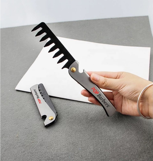 Pieptene pentru aranjat - POP BARBERS stil briceag - Argintiu