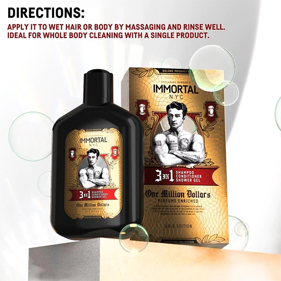 Снимка на Шампоан за коса 3 в 1(шампоан, балсам, душ гел) - IMMORTAL - One million Dollars- 500 мл
