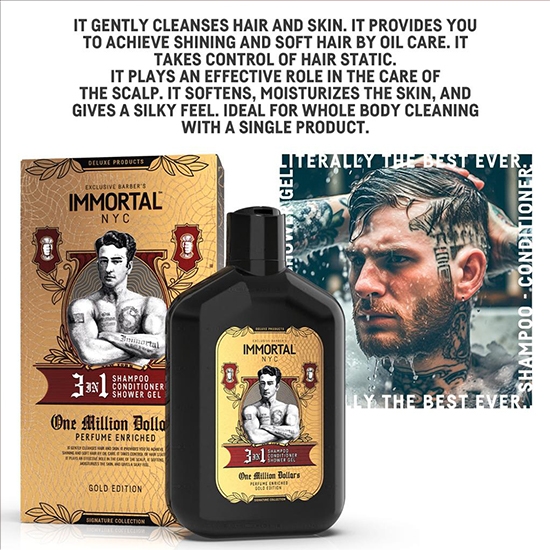 Снимка на Шампоан за коса 3 в 1(шампоан, балсам, душ гел) - IMMORTAL - One million Dollars- 500 мл